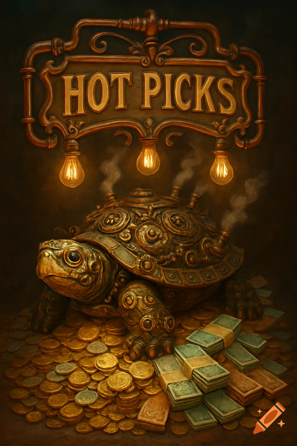A steampunk turtle with an ornate shell sits on a pile of gold coins and cash, under a vintage sign lit by glowing bulbs that reads 'HOT PICKS'.