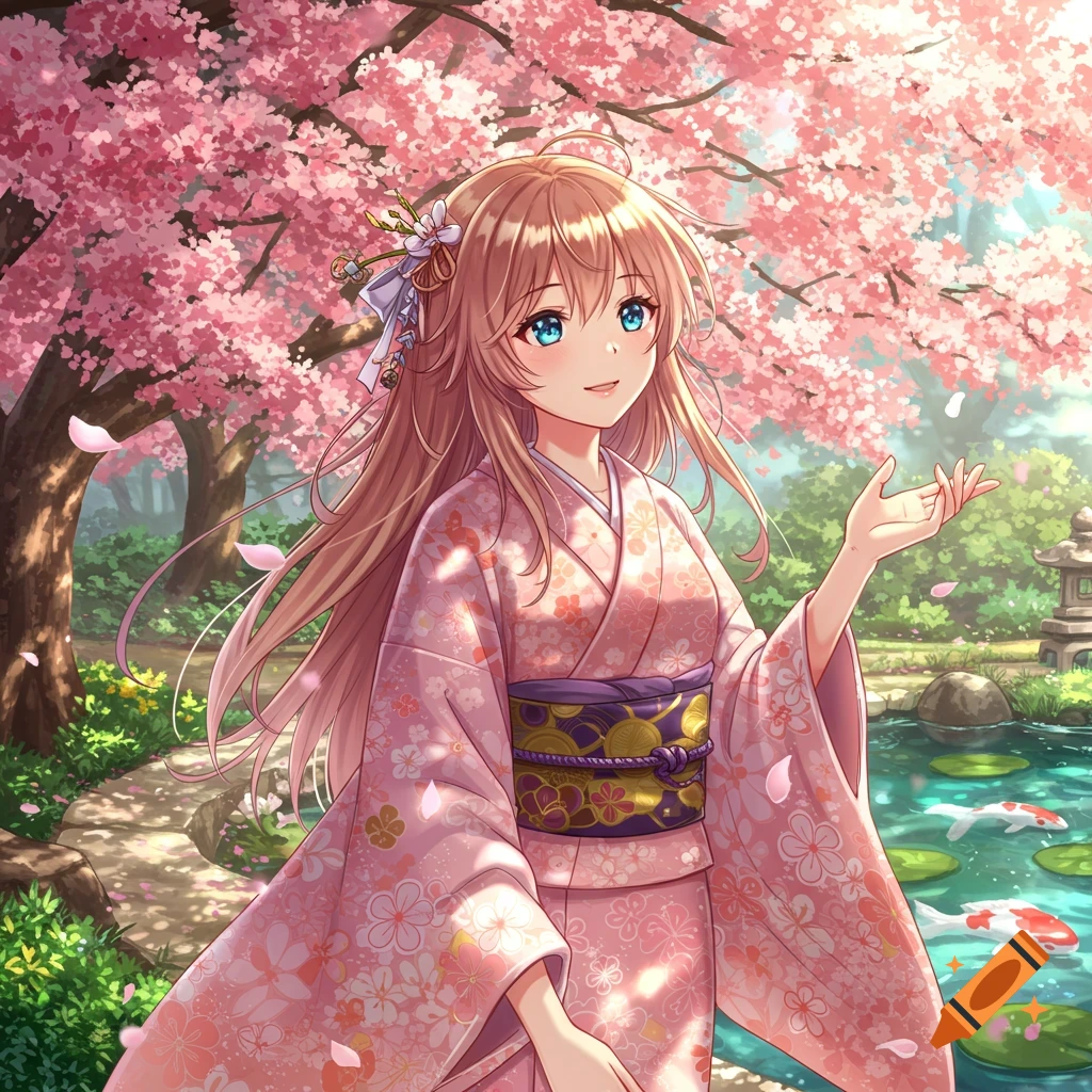 An anime girl with long blonde hair and blue eyes, wearing a pink floral kimono, stands in a Japanese garden with cherry blossom trees and a pond with koi fish.