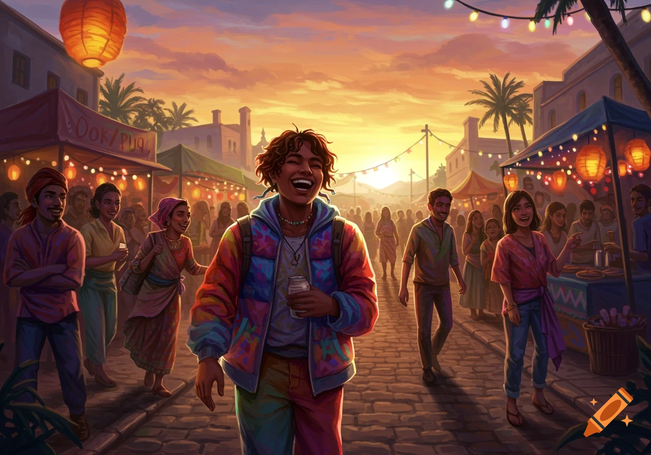 Vibrant illustration of a lively street market at sunset, with a diverse crowd and a laughing person in a colorful jacket.