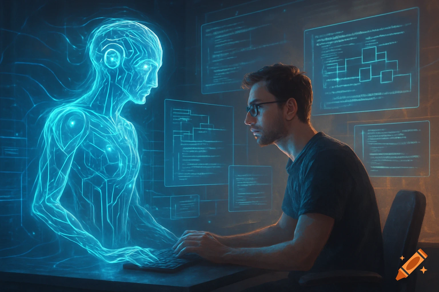 A man on a computer looks at a glowing blue AI figure, with holographic code and diagrams in the background, depicting AI and human collaboration.
