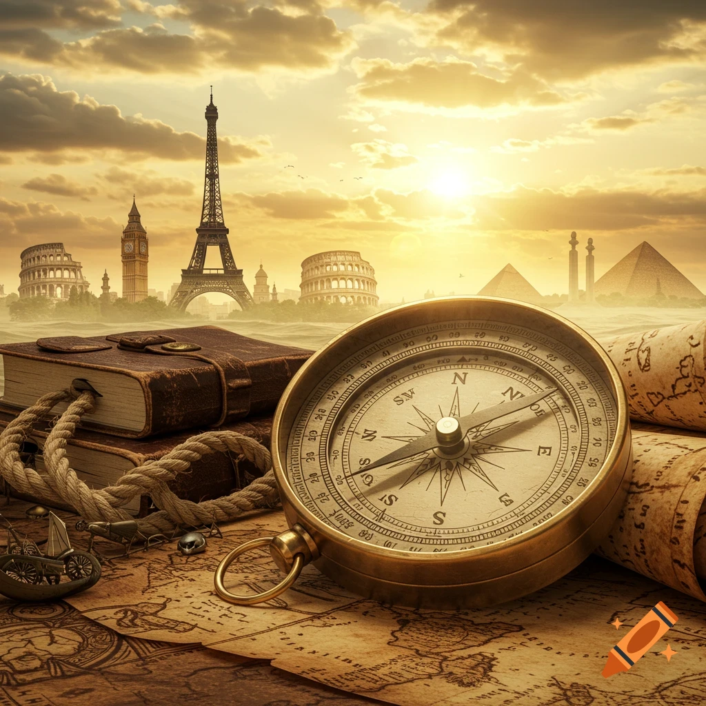 A vintage compass, old books, and rolled maps are laid out on an antique map, with famous world landmarks silhouetted against a golden sunset sky in the background.