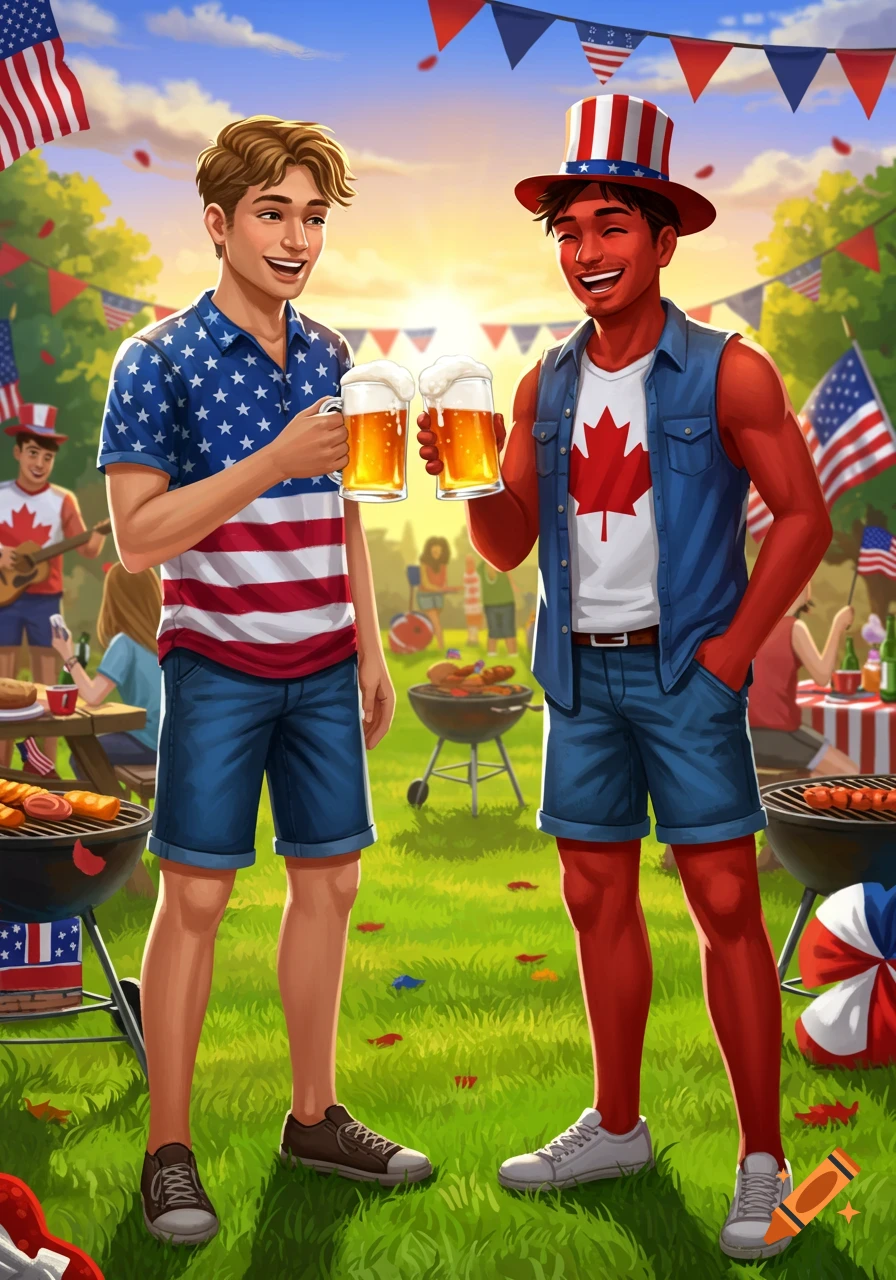 Two men, one in an American flag shirt and the other in a Canadian flag shirt with red skin, happily toast with mugs of beer at a festive outdoor BBQ party, surrounded by flags and bunting.
