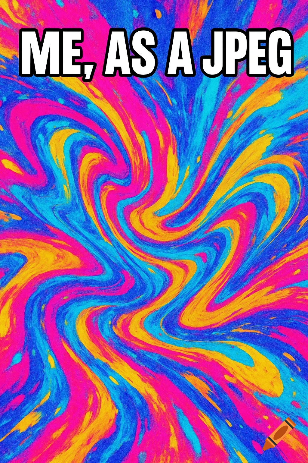 Abstract background of swirling bright pink, blue, and yellow colors with the text "ME, AS A JPEG" in white.