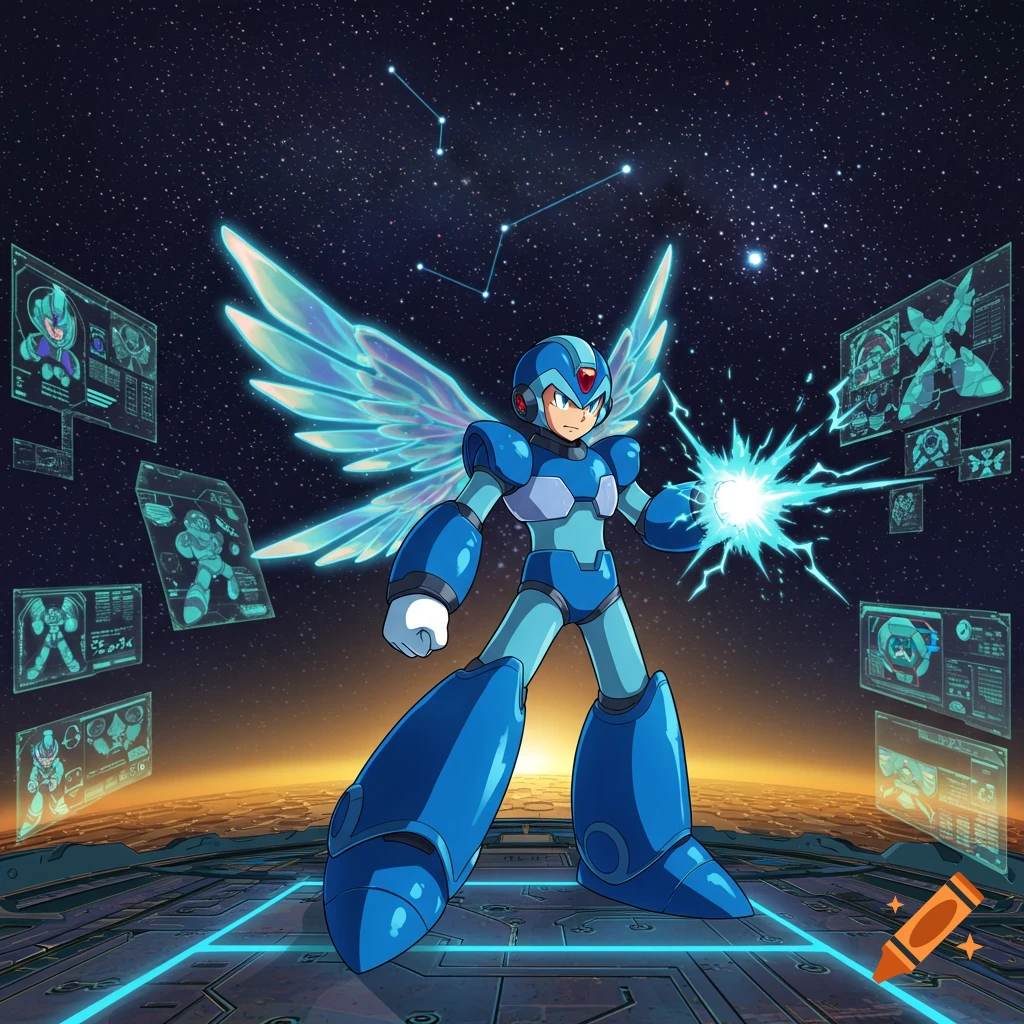 Mega Man X, a blue robot with glowing wings, stands on a futuristic platform under a starry sky with constellations and holographic screens.