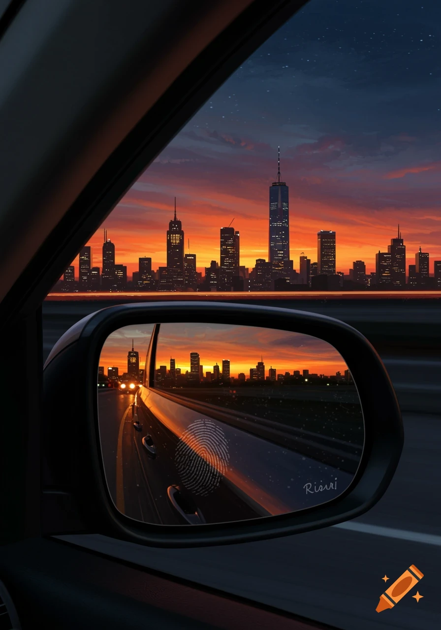 A view from inside a car of a city skyline at sunset, reflected in the rearview mirror.