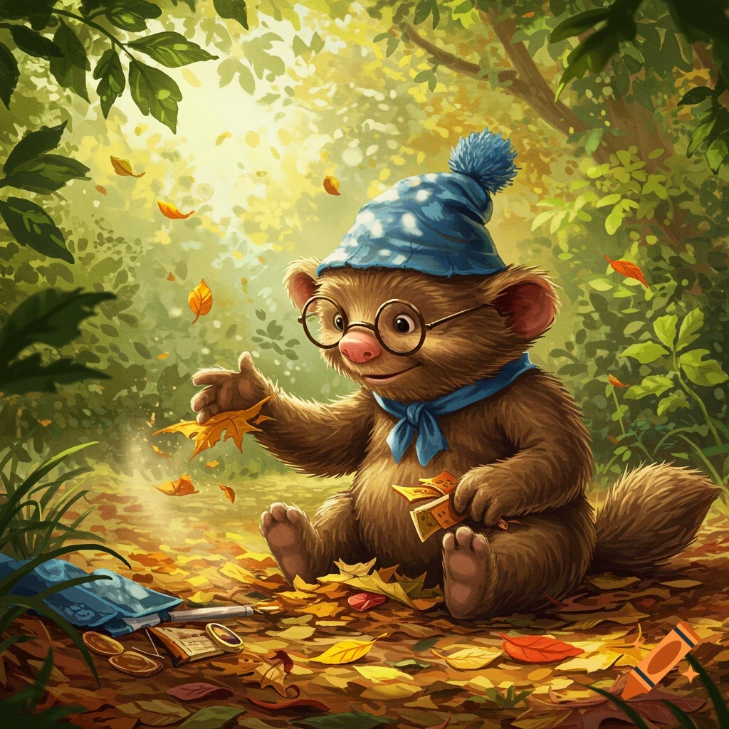 A cute, furry creature with glasses and a blue hat sits among autumn leaves in a sunlit forest.
