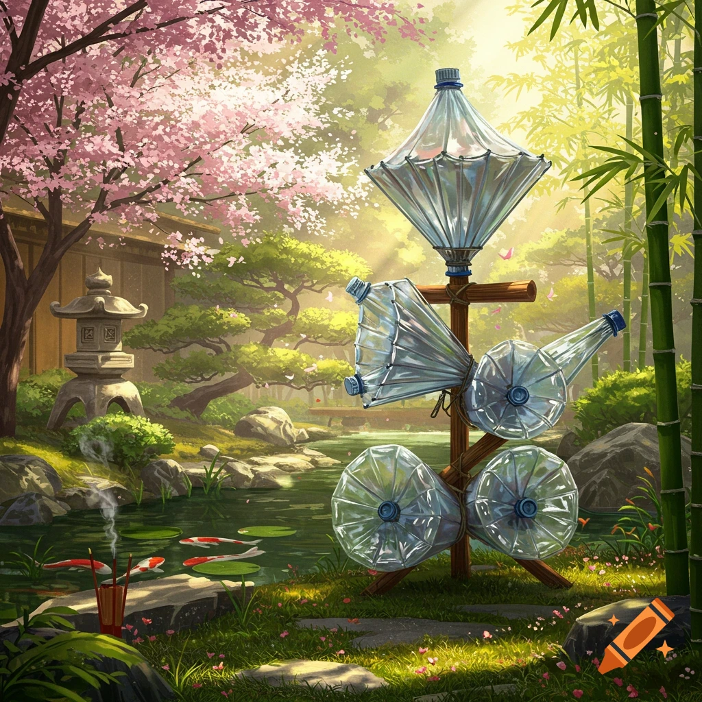 A vibrant Japanese garden with a blooming cherry tree and a pond with koi fish. A sculpture made of plastic bottles stands in the grass.