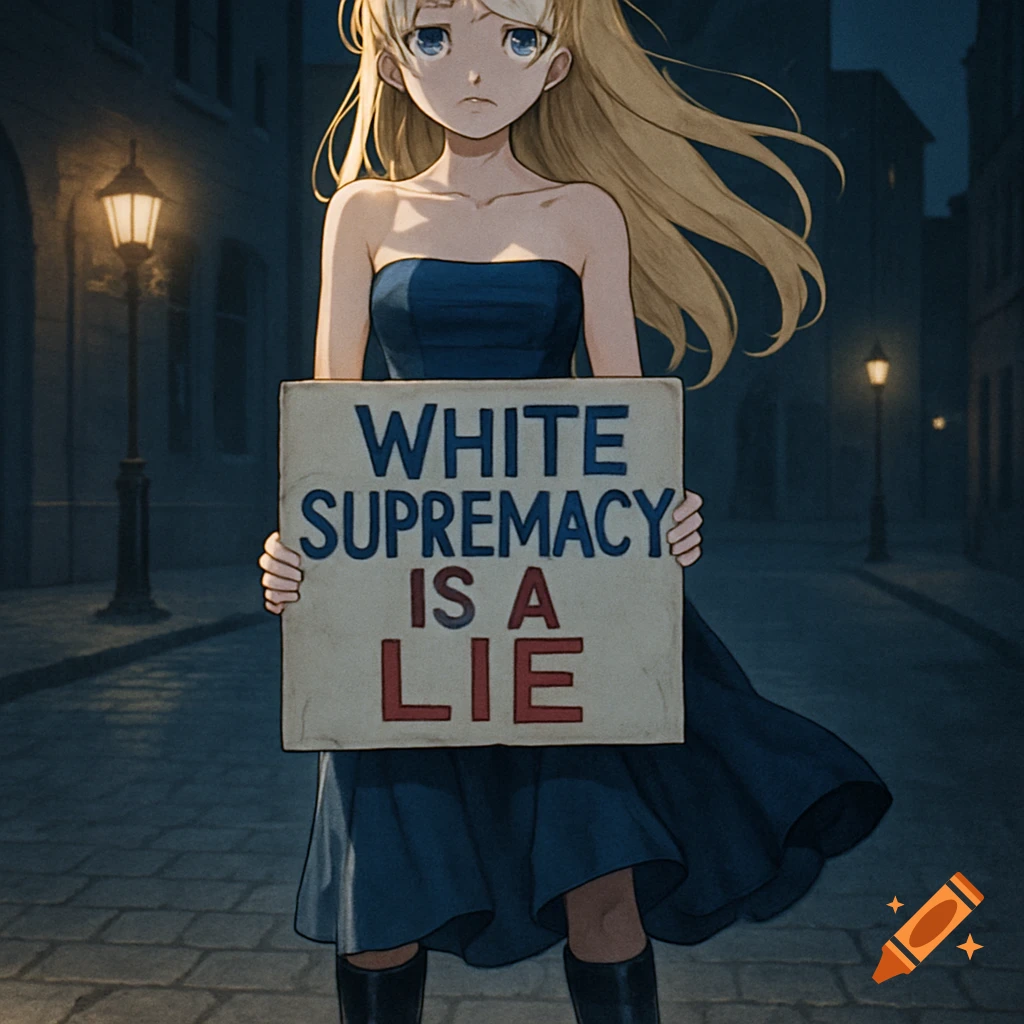 An anime woman in a strapless dress holds a sign that reads 'White Supremacy Is A Lie' on a dark street.