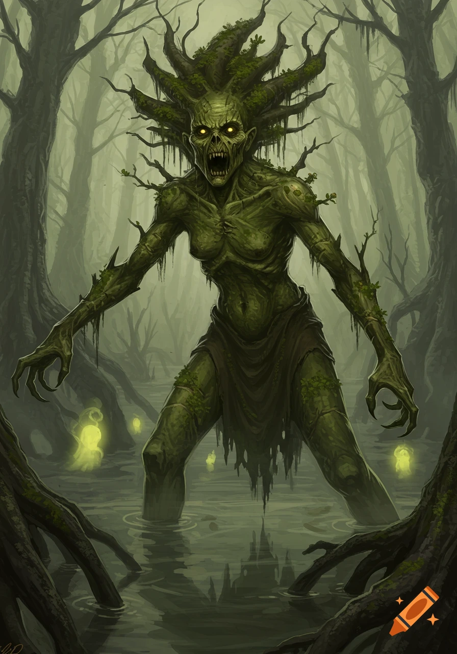 A terrifying green hag, covered in moss and branches with glowing eyes and sharp teeth, stands in a murky swamp.