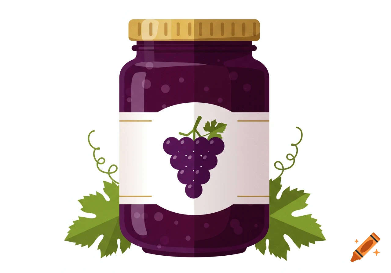 An illustration of a jar of grape jam with a gold lid, a white label featuring purple grapes and green leaves, and green leaves at the base.