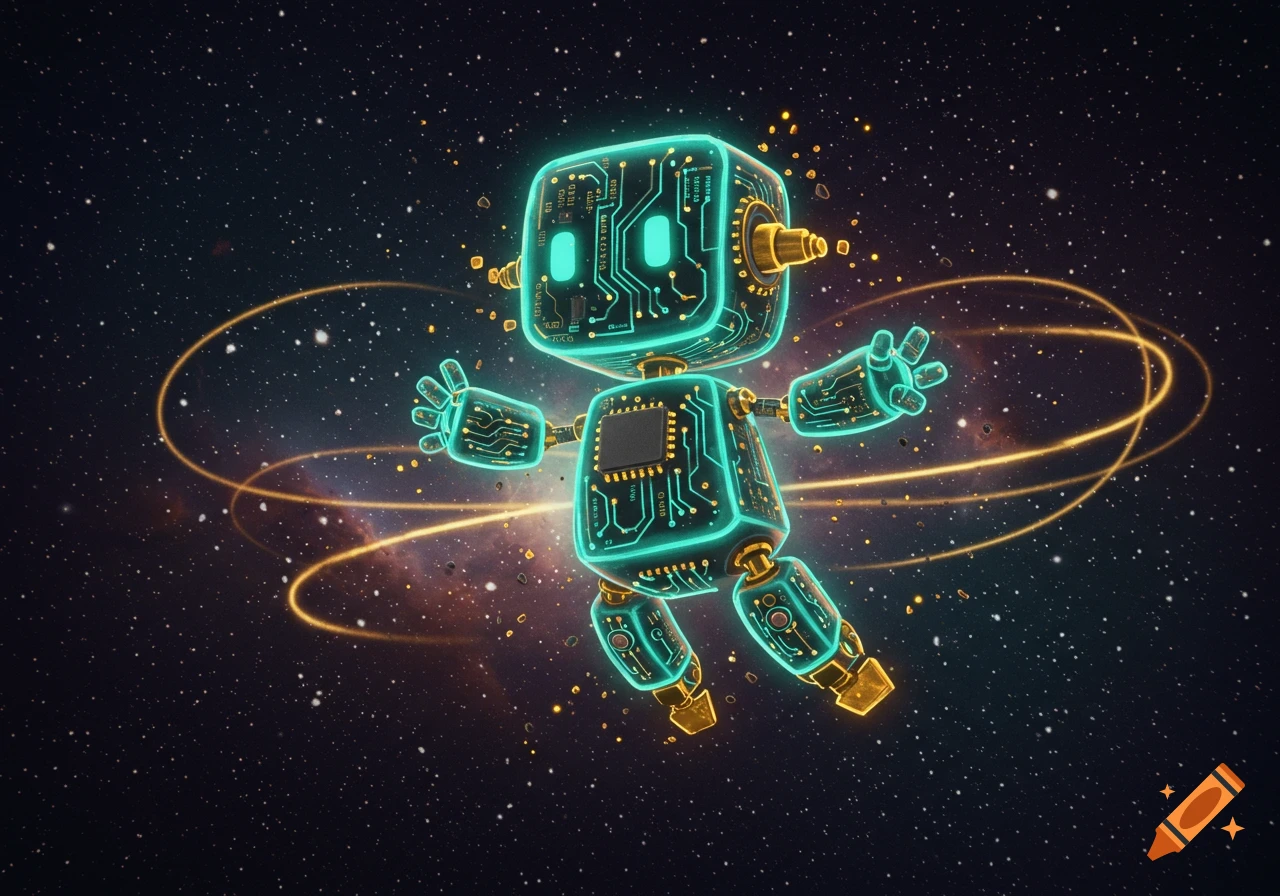 A cute glowing circuit board robot floats in outer space, surrounded by golden energy rings.