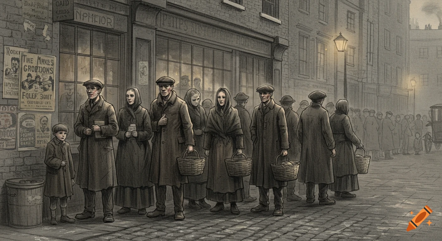 A black and white sketch depicts weary people in period clothing, including men, women, and a child, queuing on a cobblestone street outside a dimly lit shop in a somber, historical urban scene.