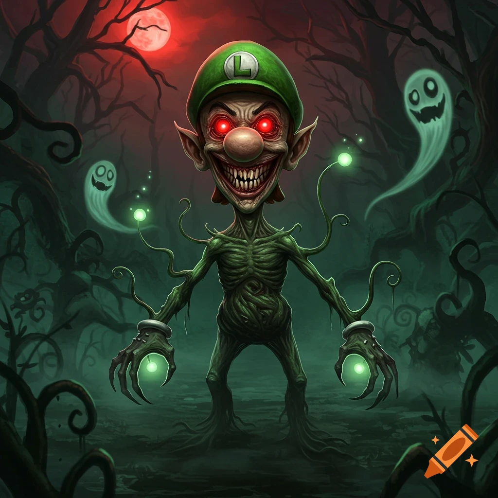 A monstrous, skeletal Luigi with glowing red eyes and sharp teeth stands in a dark, twisted forest under a red moon, with two ghosts.