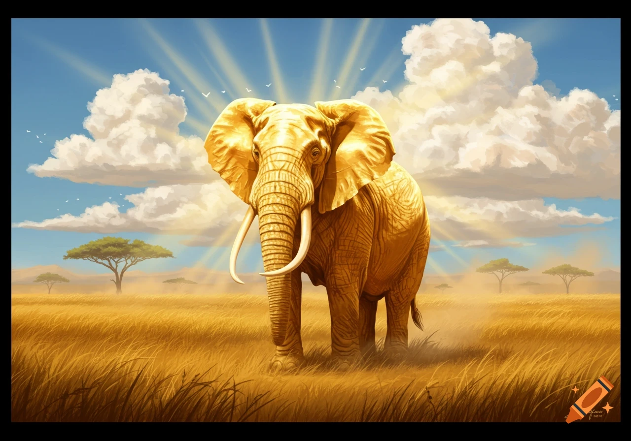 A majestic golden elephant stands in a sunlit golden savanna under a blue sky with clouds and bright sun rays.