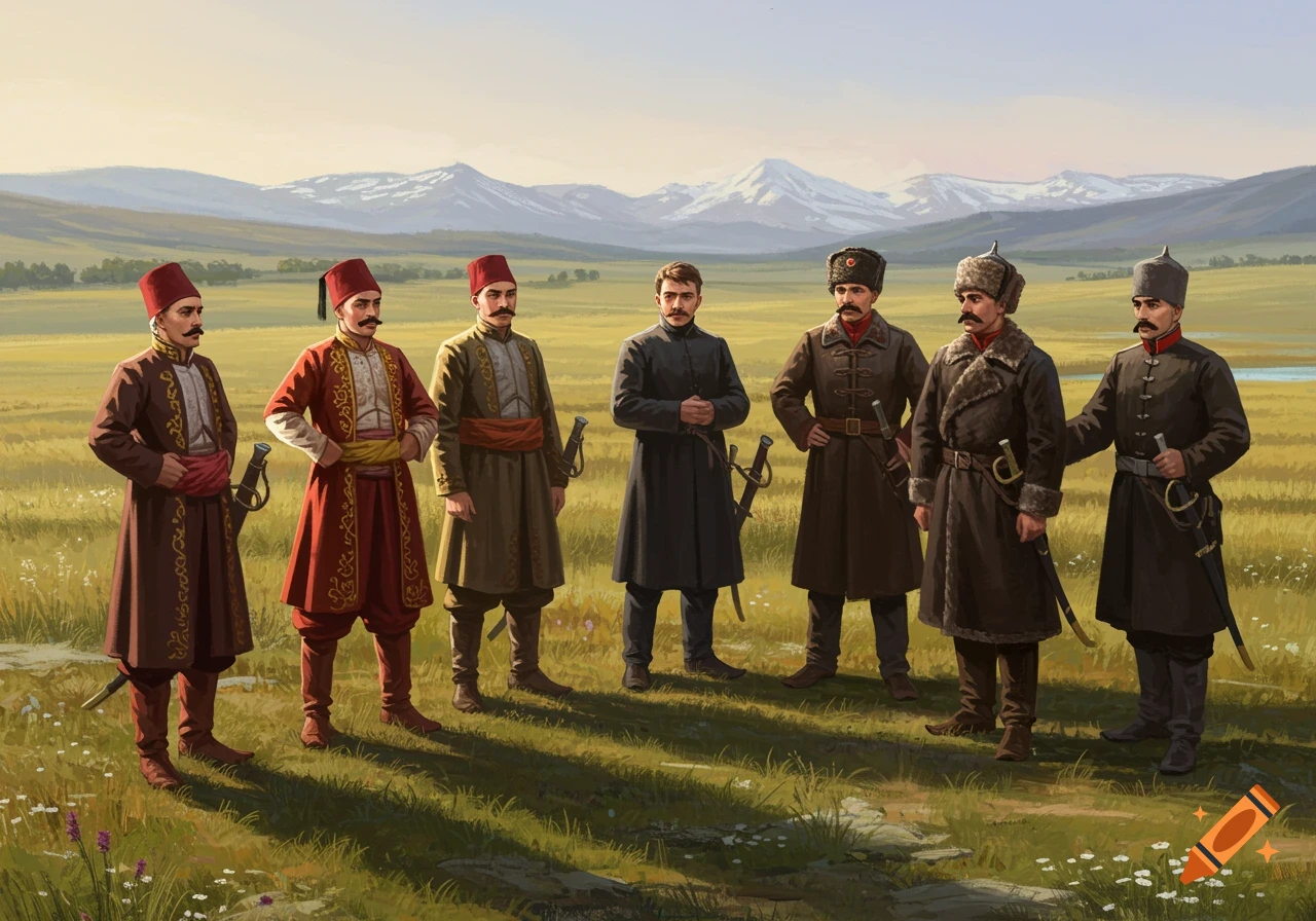 Seven men in historical military uniforms stand in a vast grassy field with mountains in the background, under a bright sky.