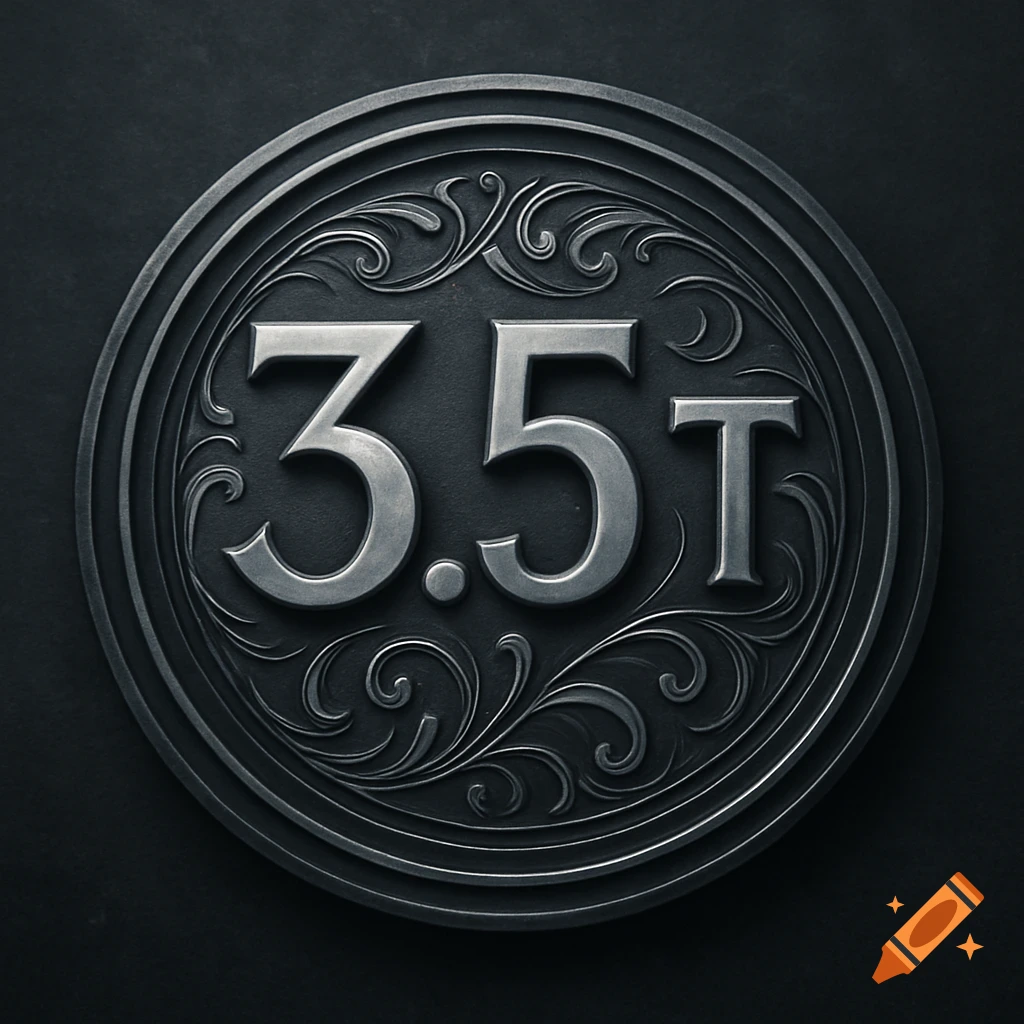 A detailed metallic disk with ornate carvings and the numbers '3.5T' embossed in silver in the center, on a dark background.
