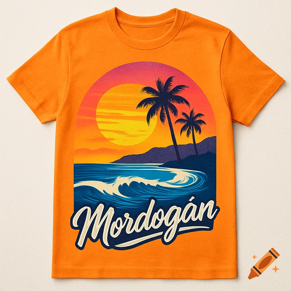 An orange T-shirt featuring a stylized beach scene with a large sunset, silhouetted palm trees, ocean waves, and the word "Mordogán" in a script font.