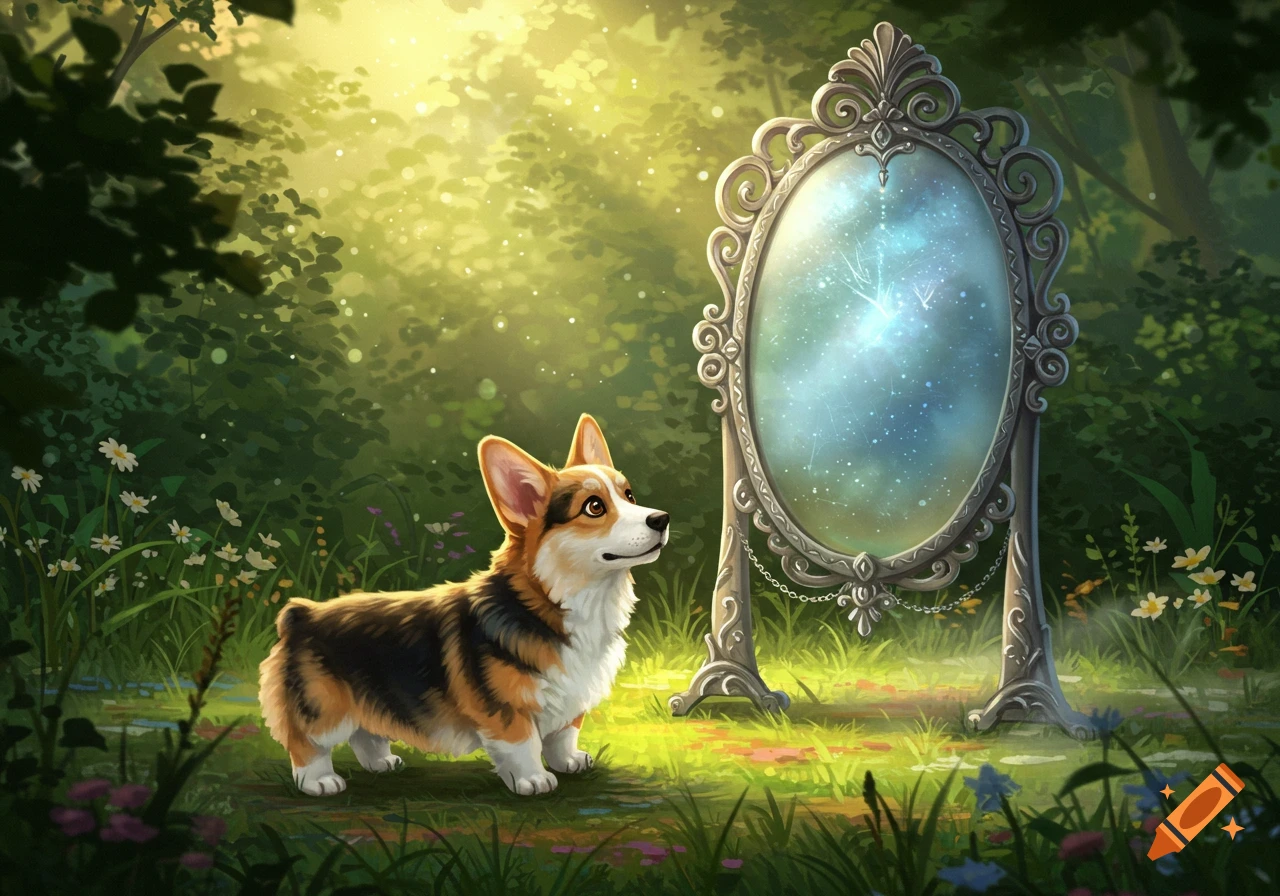 A tri-color corgi stands in a lush, sunlit forest, gazing into an ornate, ancient mirror reflecting a starry, cosmic sky.