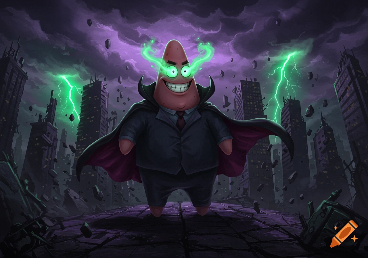 An evil-looking Patrick Star, with glowing green eyes and wearing a dark suit and cape, stands in a devastated city with green lightning striking in the background under a purple stormy sky.