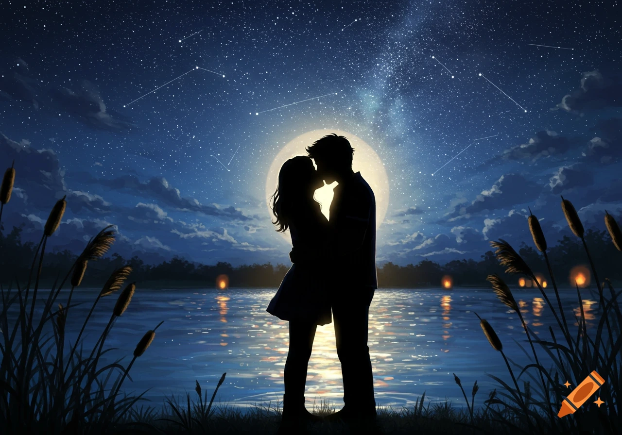 Silhouette of a couple kissing under a full moon and starry night sky by a lake with reeds.