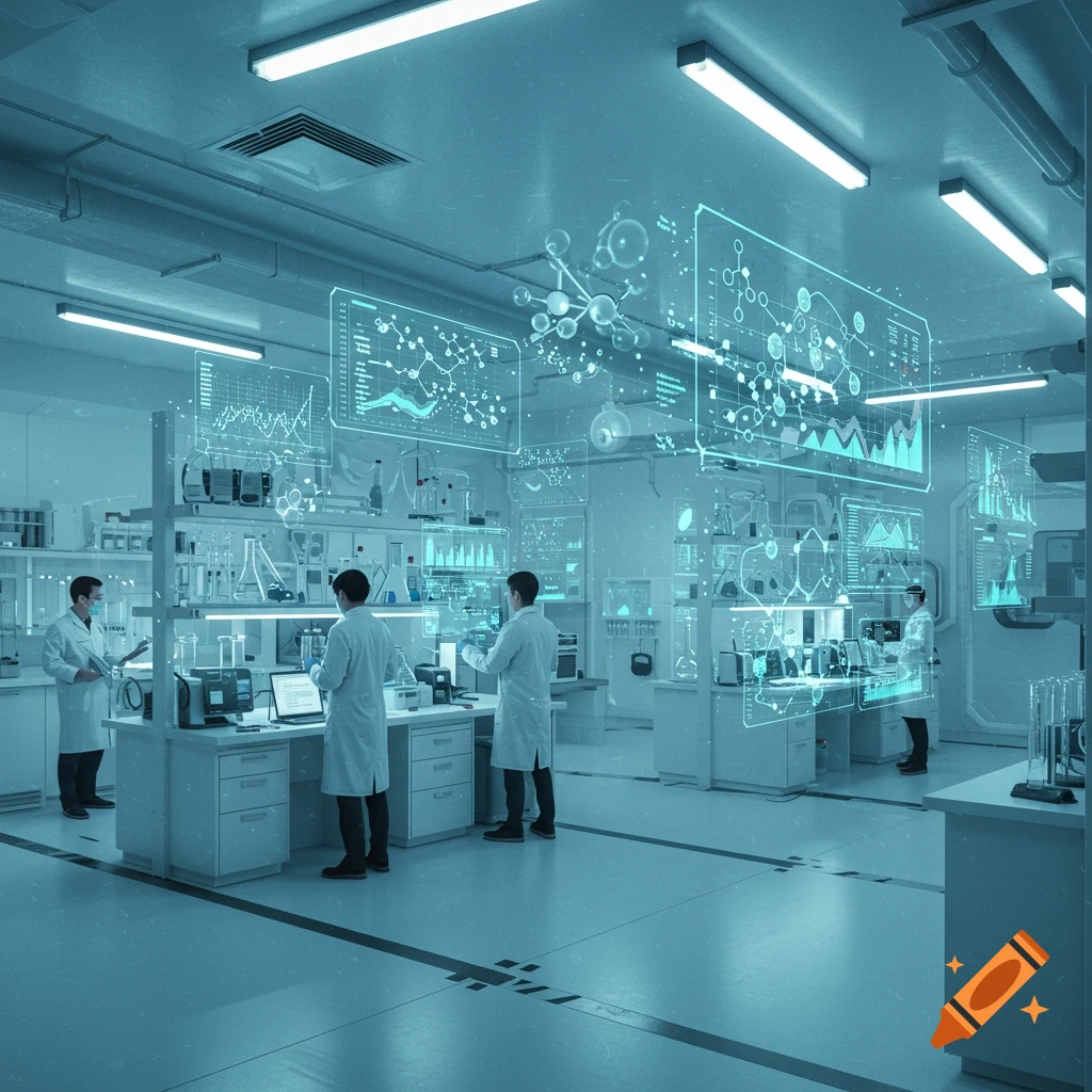 Futuristic laboratory with scientists working at stations, surrounded by glowing holographic data displays.