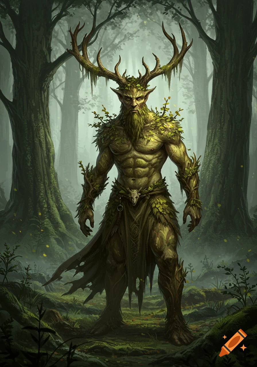 A muscular, bearded man with large antlers and a body covered in leaves and moss stands in a misty, ancient forest, resembling a forest god.