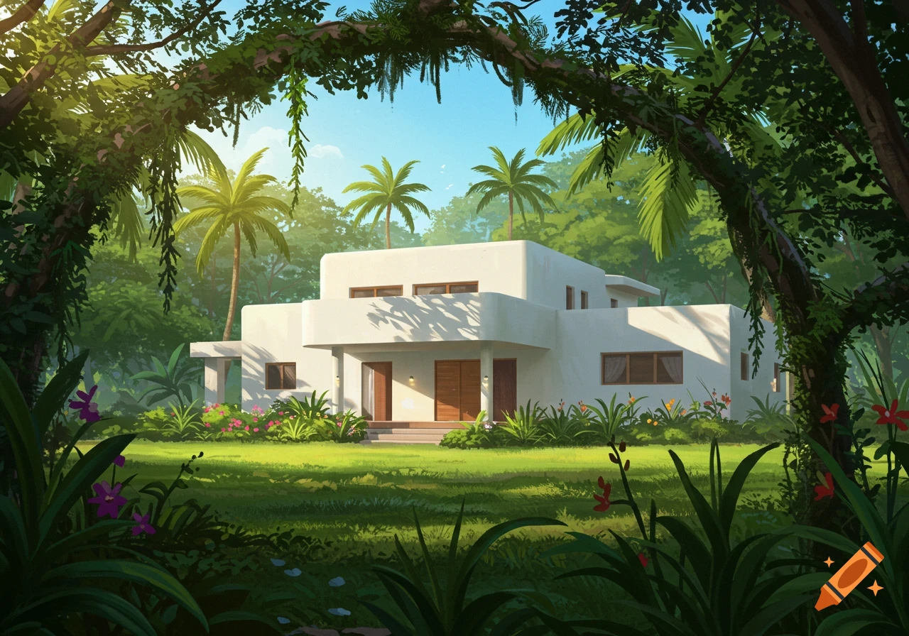 A modern white house in a lush tropical garden with palm trees, framed by green foliage.