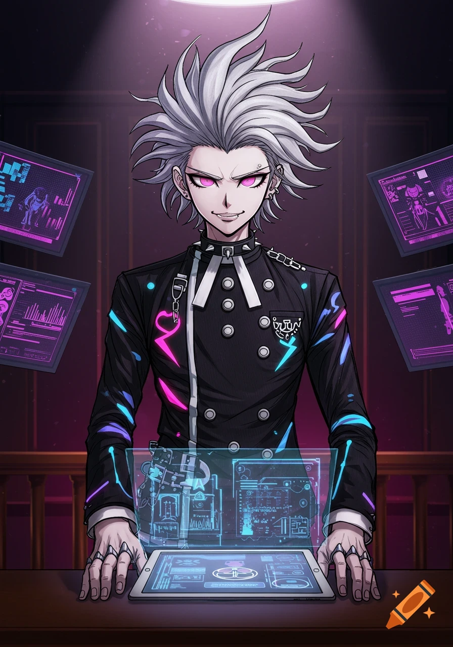 Anime character with spiky white hair and pink eyes in a black military jacket with neon accents, standing at a desk with holographic screens.