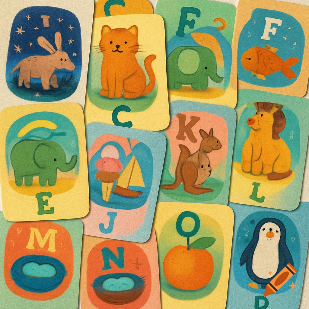 Close-up of colorful ABC educational cards with various animal illustrations like a cat, elephant, and kangaroo, in a children's book style.