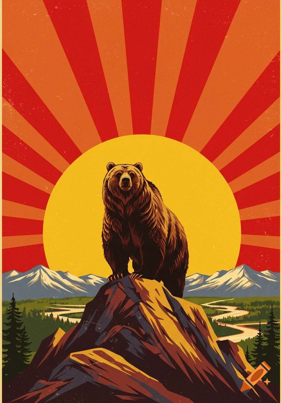 A brown bear on a mountain peak against a rising sun with red rays, in vintage propaganda poster style.