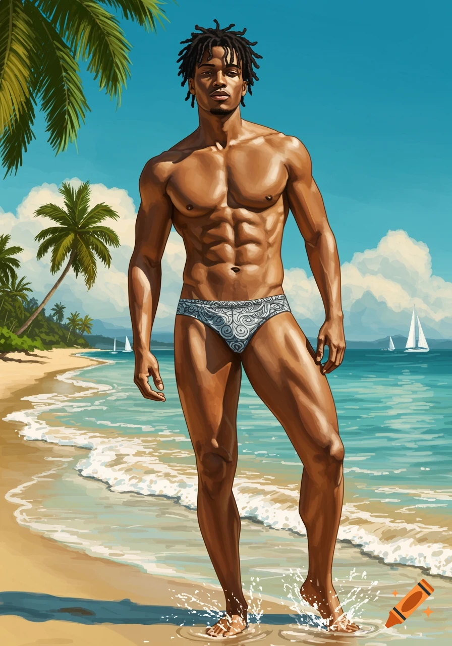 An illustrated depiction of a muscular man in a patterned swimsuit standing on a tropical beach.