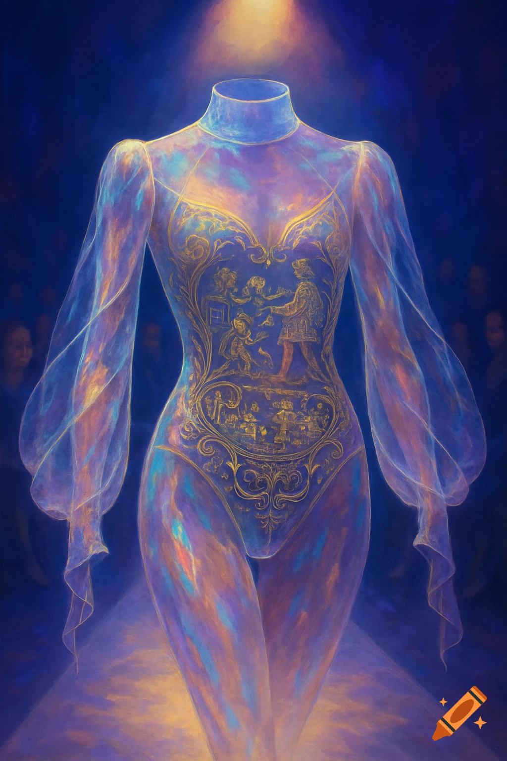 A glowing, translucent purple and gold leotard with intricate Renaissance-style designs, illuminated against a dark, ethereal background.