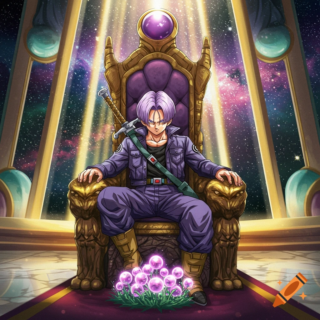 Trunks from Dragon Ball Z sits on a golden throne in a cosmic hall, with a sword.