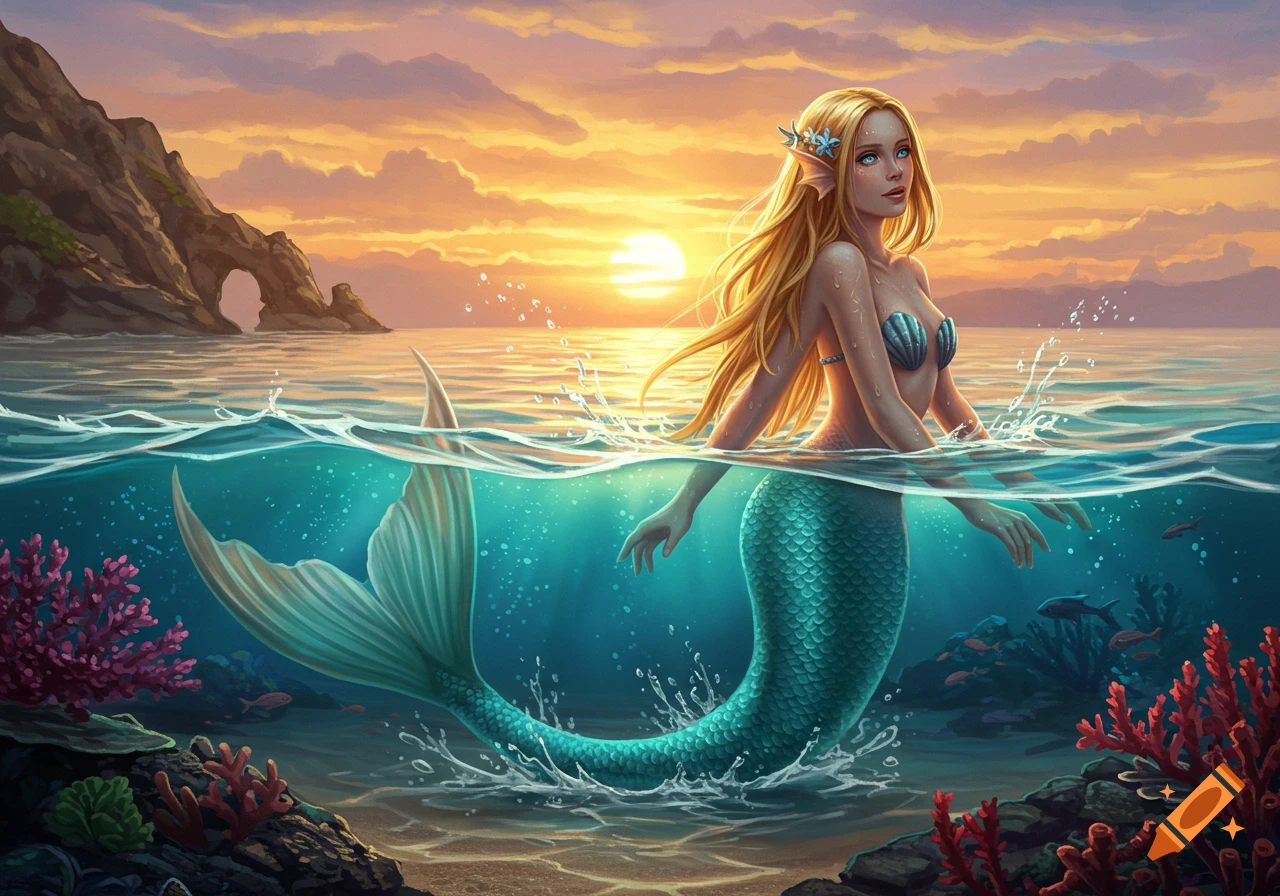 A blonde mermaid with a teal tail and seashell top stands in clear ocean water at sunset, with coral and rocks visible underwater.