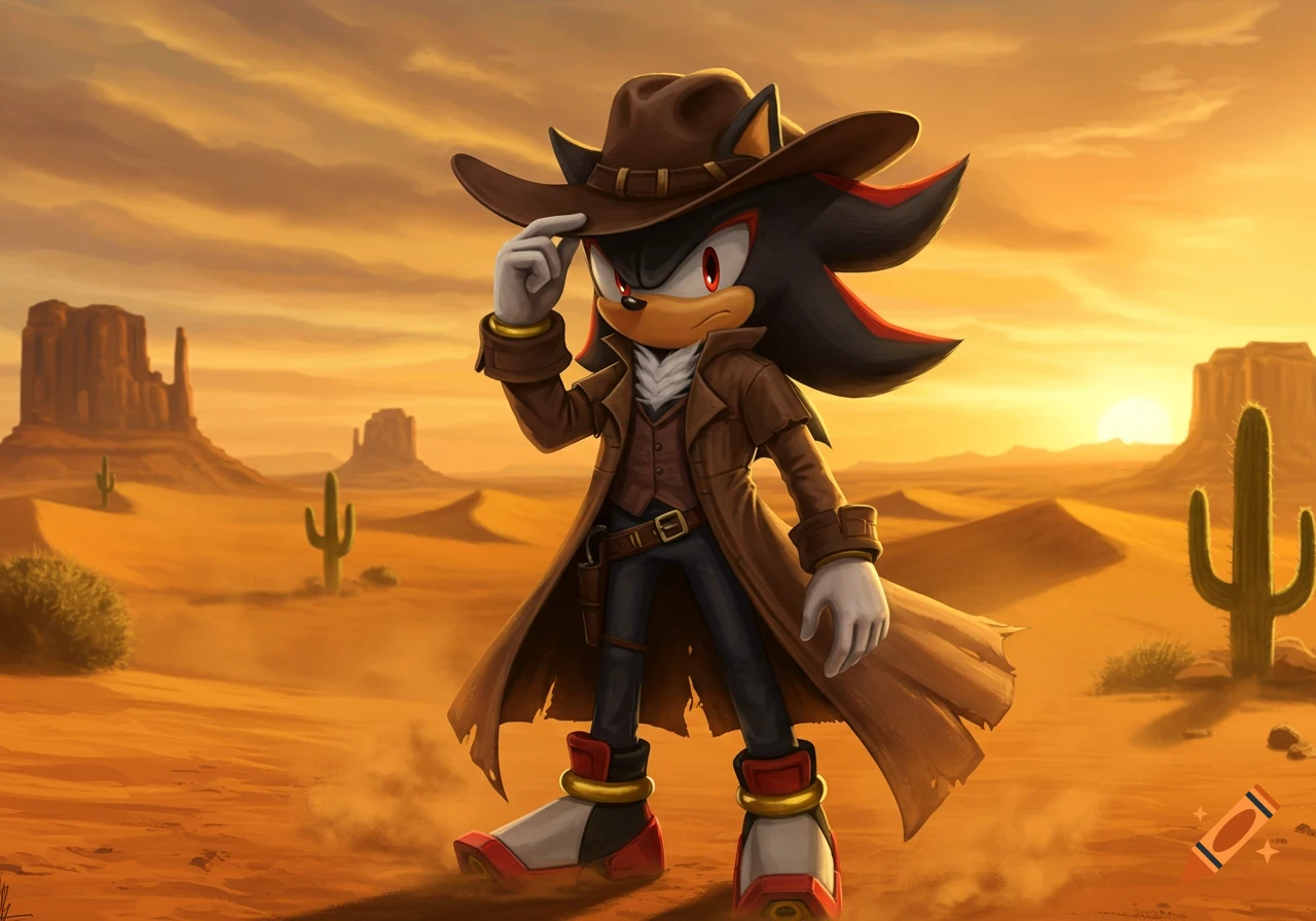 Shadow the Hedgehog, dressed as a cowboy, stands in a stylized desert landscape with mesas and cacti under an orange sky.