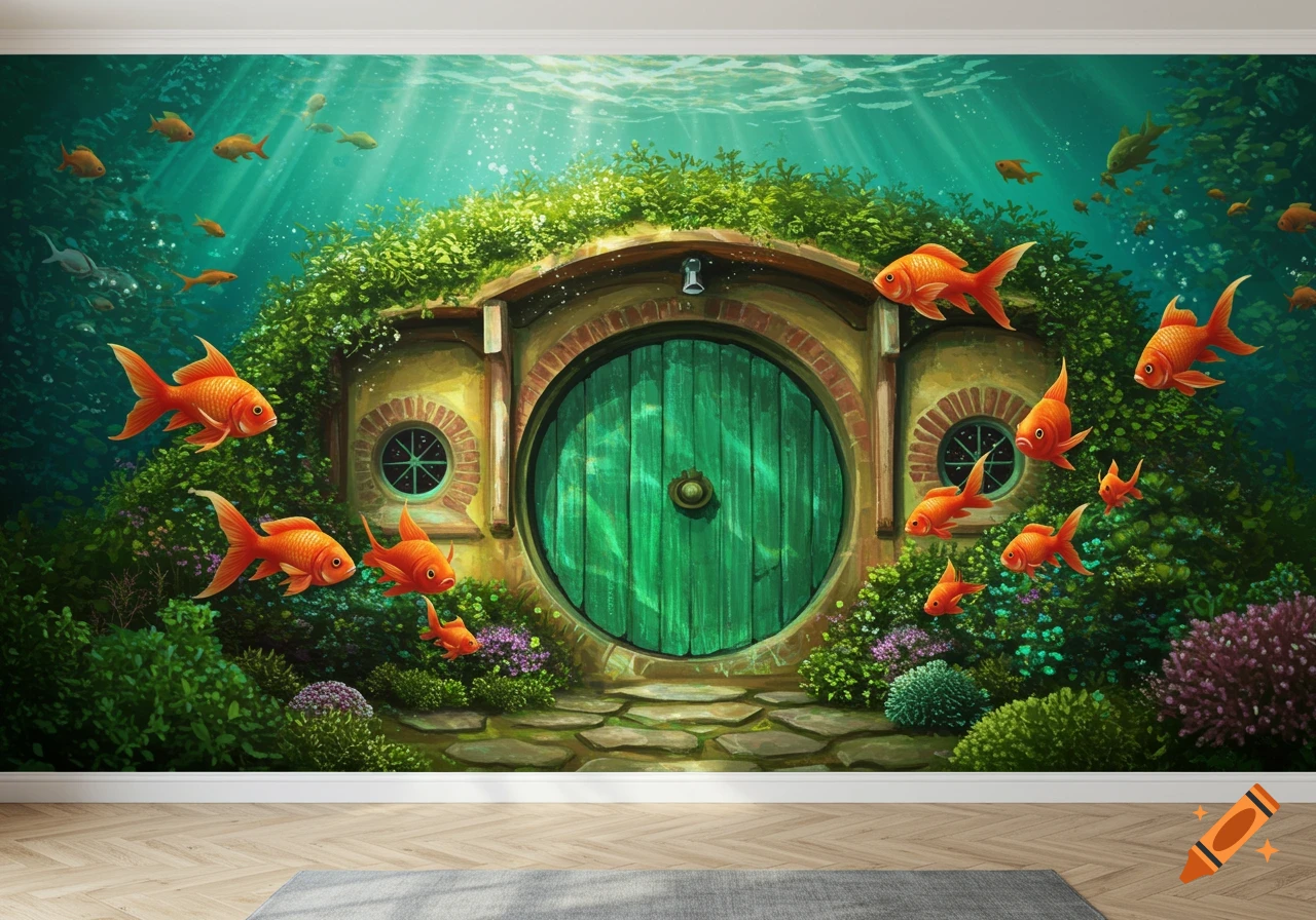 Whimsical underwater scene with orange goldfish swimming around a green, round hobbit-like door built into a grassy mound.