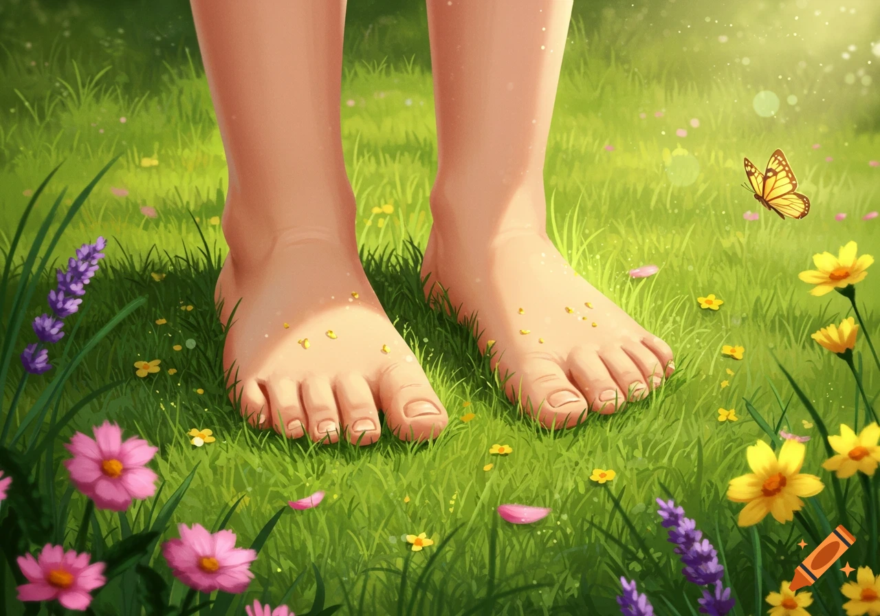 Close-up illustration of bare feet standing in vibrant green grass with colorful flowers and a butterfly under soft sunlight.