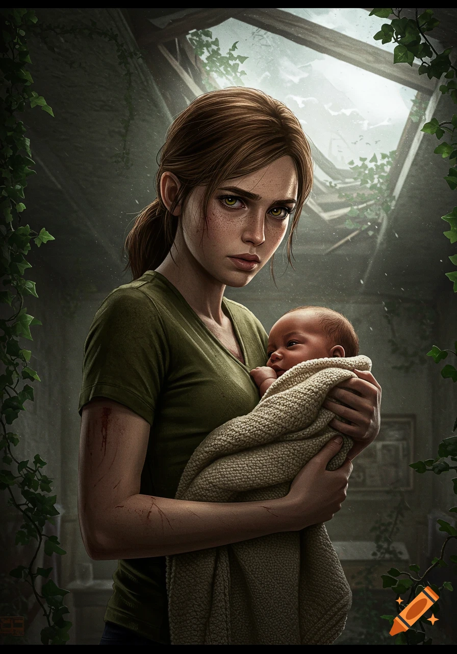 A young woman with green eyes and freckles, wearing a green shirt, holds a baby in a blanket in a ruined, overgrown building.