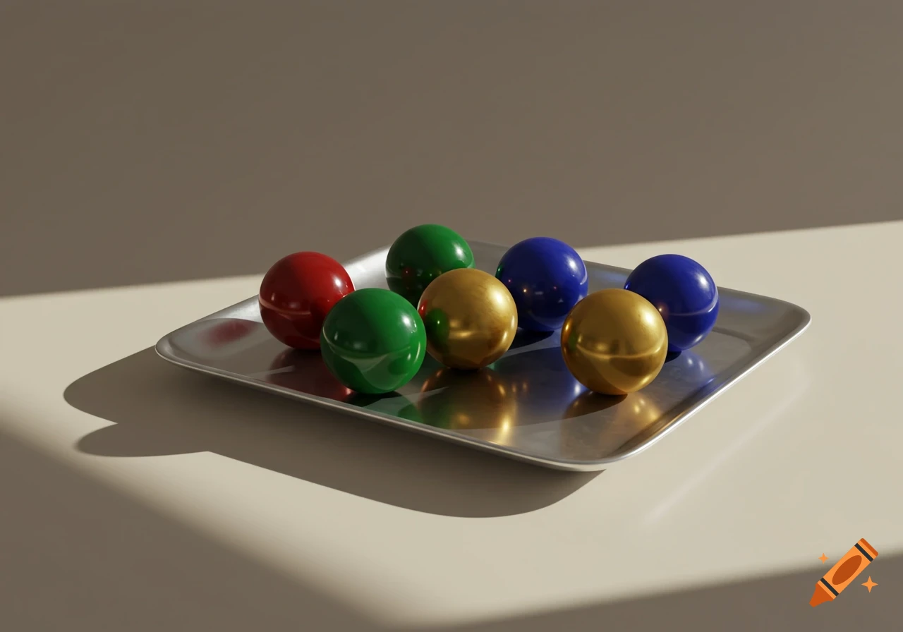 Seven red, green, blue, and gold shiny balls on a silver tray, illuminated by strong light.