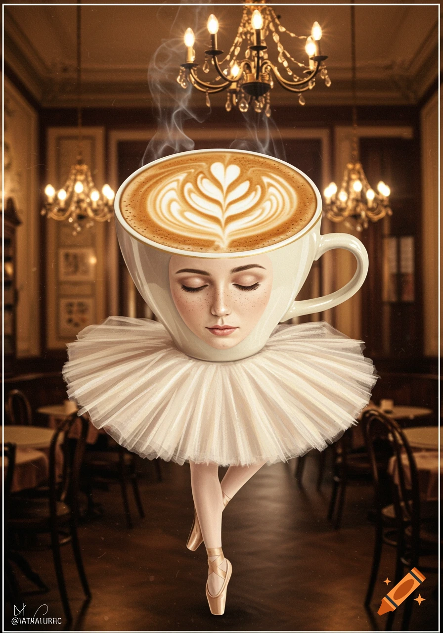 Surreal ballerina with a cappuccino cup head featuring a woman's face, in a white tutu, standing en pointe in an ornate cafe.