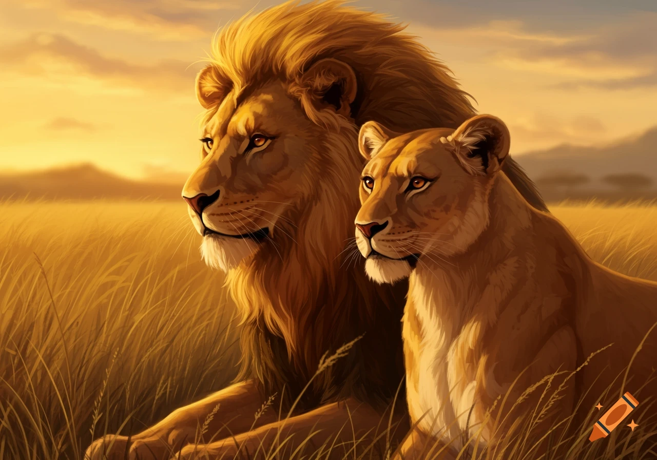 A majestic male and female lion sit together in a golden savanna field during sunset, looking out at the landscape.