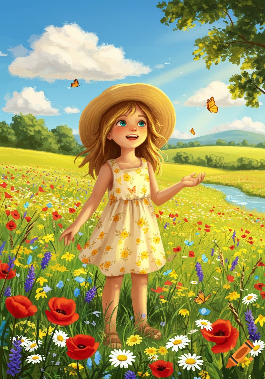 A young girl in a straw hat and floral dress stands cheerfully in a vibrant, sunny meadow filled with colorful flowers and butterflies, looking up at the sky. Illustrated.