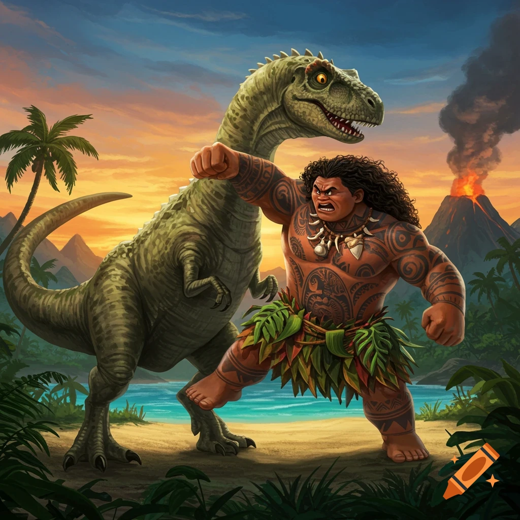 Cartoon illustration of Maui punching a tyrannosaurus on a tropical beach with a volcano erupting.