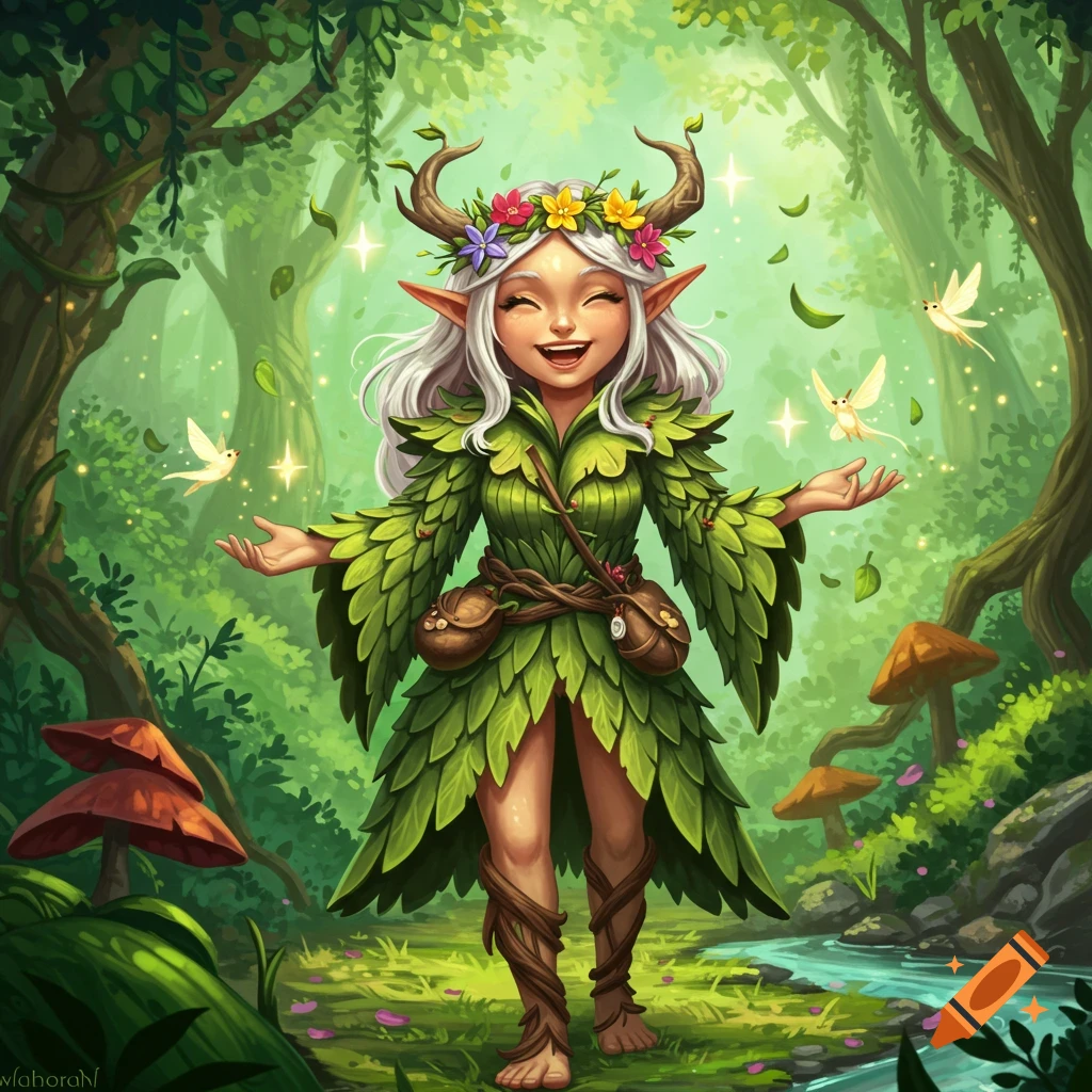 A friendly, smiling female elf druid with white hair, floral crown, and leaf dress stands in a vibrant magical forest with small fairies and mushrooms.