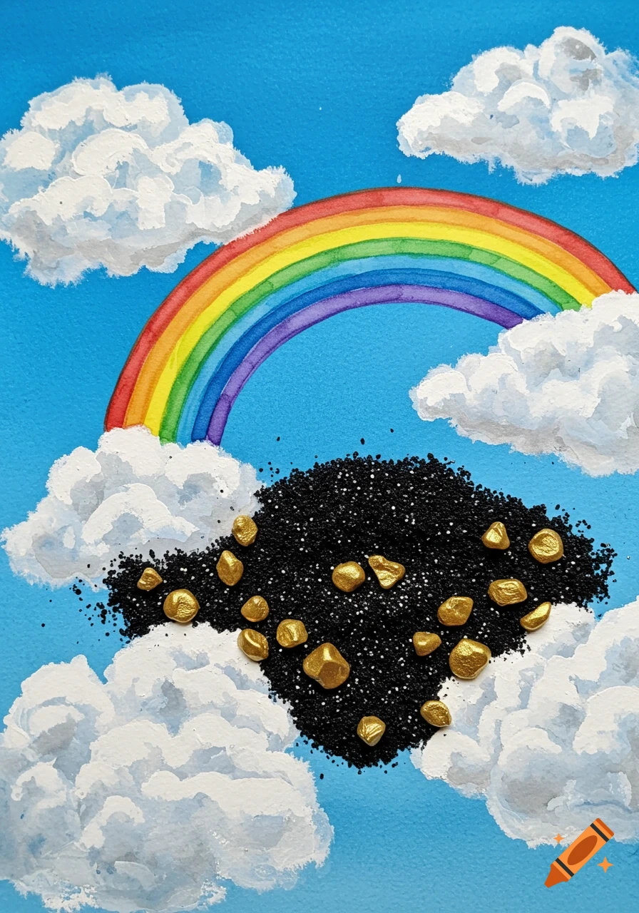 An abstract watercolor painting of a rainbow arching over fluffy white clouds, with a black pit filled with gold nuggets against a blue sky.