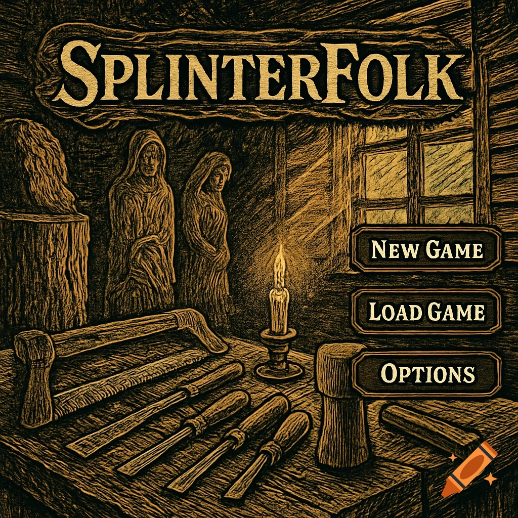 Rustic woodcut-style game menu with 'SplinterFolk' title, a lit candle, carving tools, and hooded figures, with 'New Game', 'Load Game', 'Options' buttons.