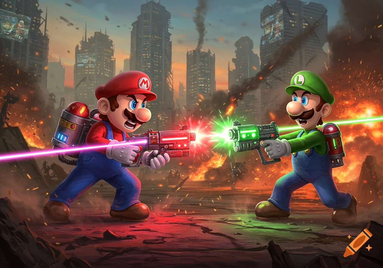 Mario and Luigi battle with laser guns in a ruined cityscape, featuring bright laser beams and explosions.