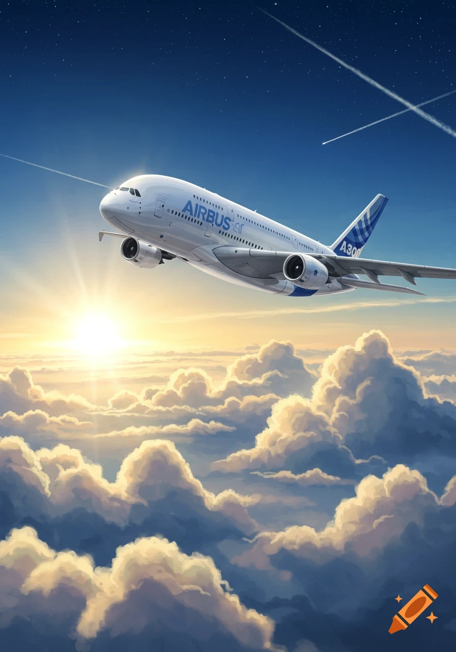 An Airbus A380 airplane flies above golden clouds during sunrise, with a clear blue and star-filled sky above.