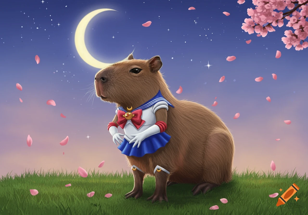 A cute capybara dressed as Sailor Moon stands on grass under a crescent moon with falling cherry blossoms.
