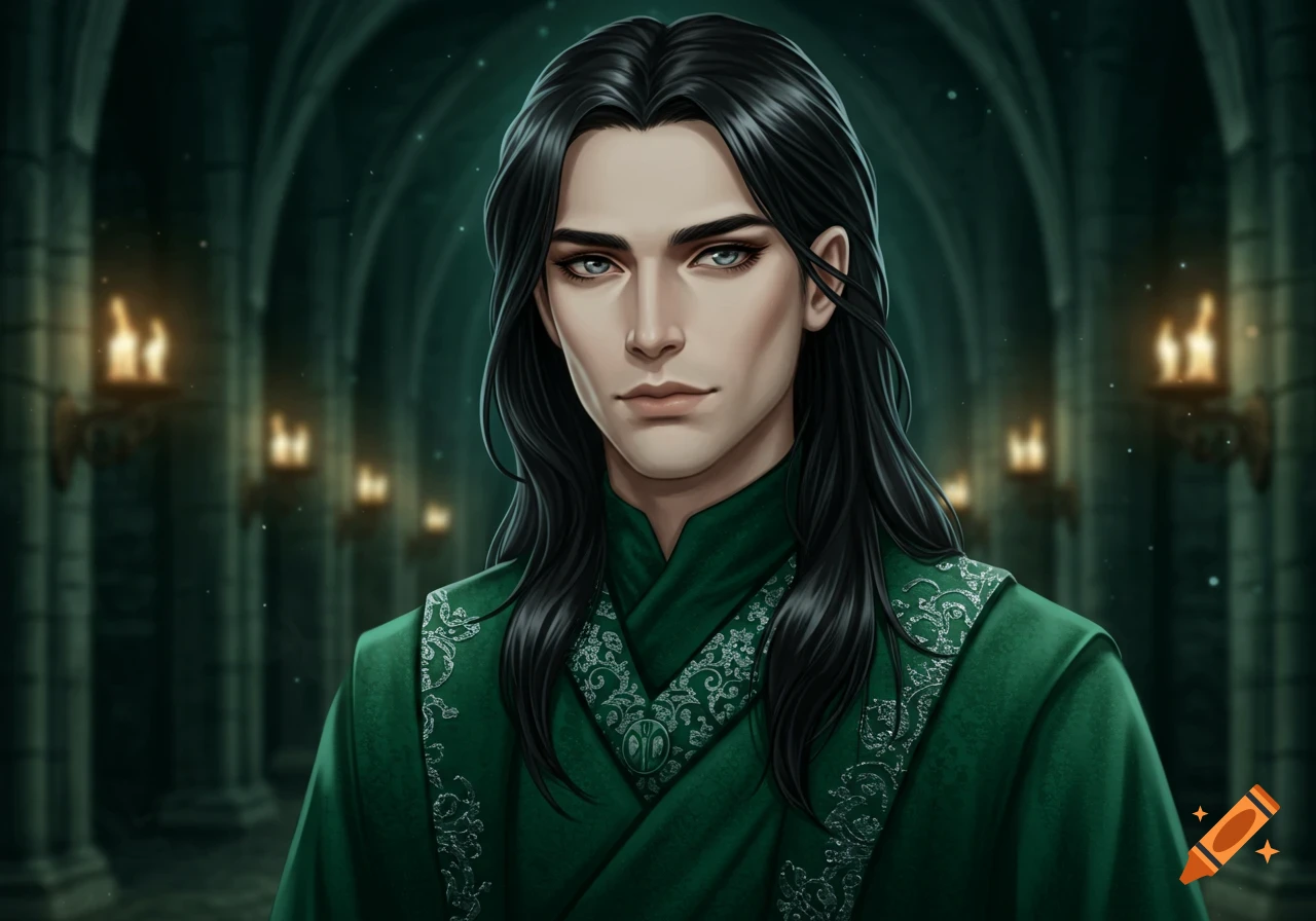 A young man with long black hair, silver eyes, and an emerald green robe in an anime style, standing in a dark vaulted hall with candles.